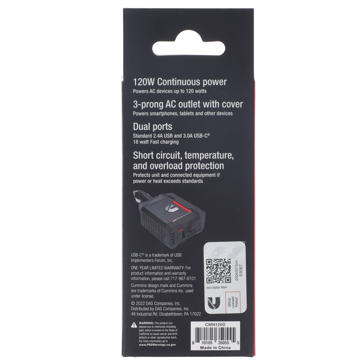 Cummins 120 Watt Power Inverter 12v Socket DC to AC Inverter Direct Plug Power Converter CMN120D