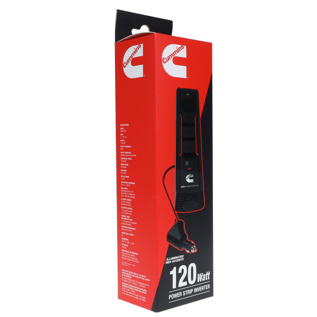 Cummins 120 Watt Portable Power Strip Inverter for Vehicle DC to AC Power 3ft Cable CMN120S