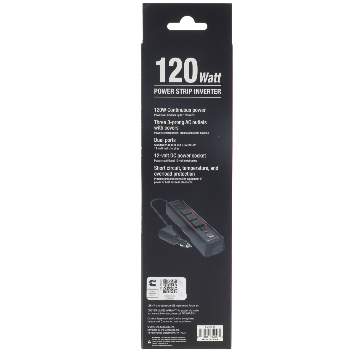 Cummins 120 Watt Portable Power Strip Inverter for Vehicle DC to AC Power 3ft Cable CMN120S